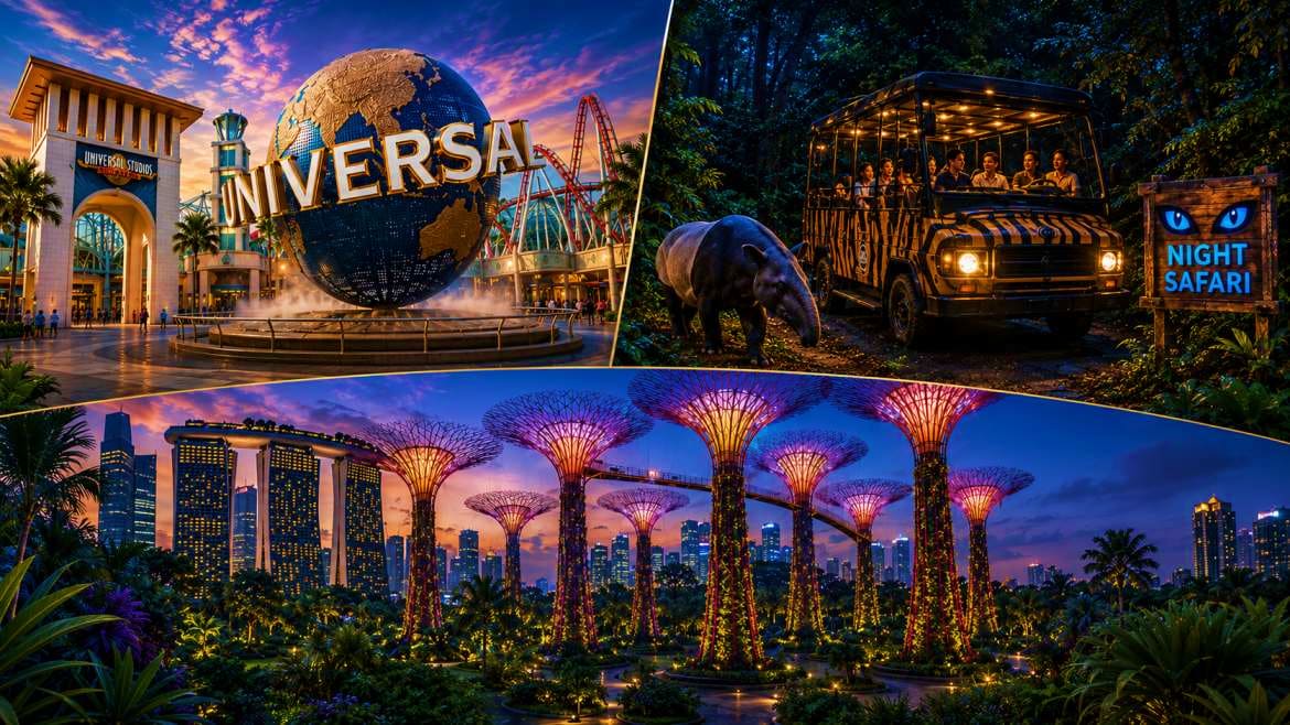 Universal Studios Singapore globe logo at sunset, Night Safari jeep tour with elephant, and Gardens by the Bay Supertrees at 